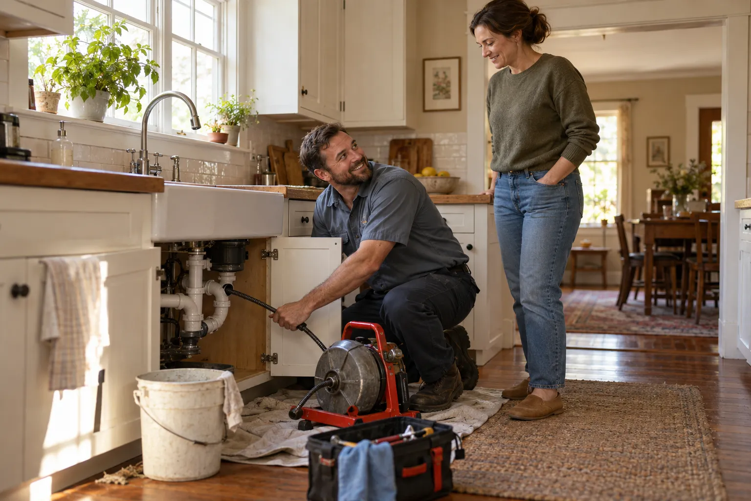 Friendly local provider showing a homeowner a drain cable beside a kitchen sink in a Huntley home