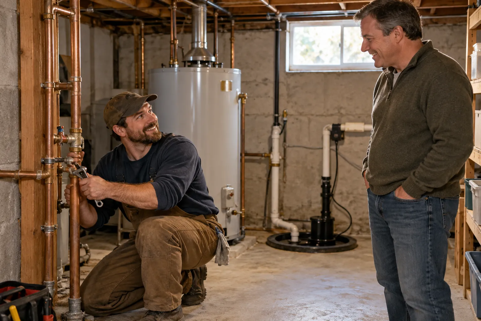 A local provider checking a pipe under a kitchen sink in a Huntley home